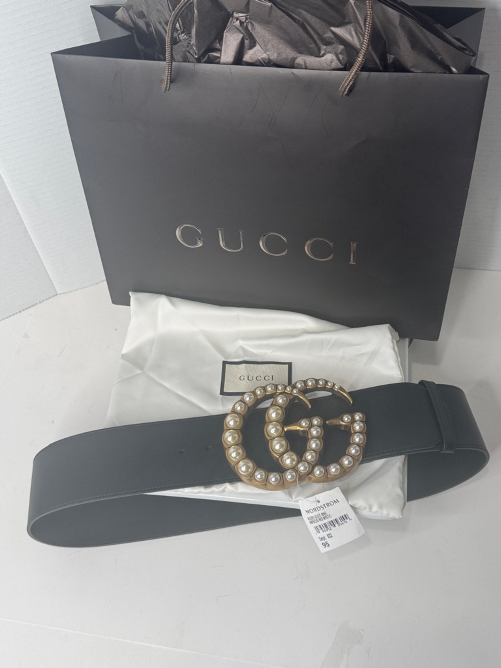 Gucci Jumbo Pearl GG Marmont Black Wide Leather Belt- NWT Size 95 - Picture 5 of 13